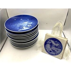 Lot 12 Vintage B&G Royal Copenhagen Blue Christmas Plates Dated 1968-1978 Stands
